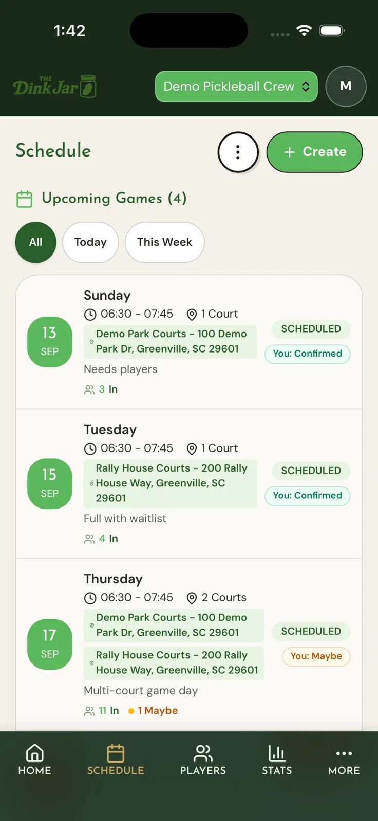 DinkJar phone schedule with sample games